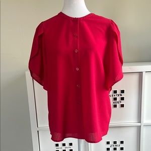 Who‎ What Wear Red Textured Gingham Button Up Tulip Sleeve Blouse Size Small
